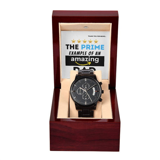 A "To Dad, The Prime Example - Metal Chronograph Watch" in a wooden box with a luxury copper dial and a message that reads, "The prime example of an amazing dad," accompanied by graphic star ratings.