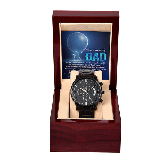 A To Dad, Carry The World - Metal Chronograph watch in an open wooden box with a message labeled "to my amazing dad" on the inner lid.