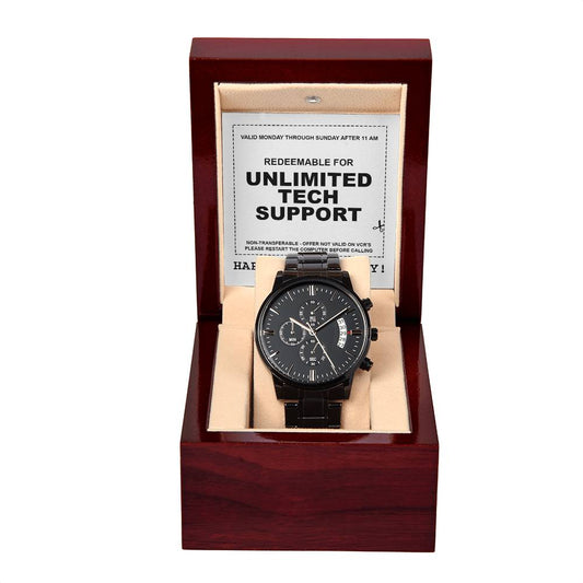 A black chronograph watch in an open wooden box with a luxury copper dial, accompanied by a label reading "To Dad, Tech Support - Metal Chronograph Watch" and "HAPPY FATHER'S DAY" at the bottom.