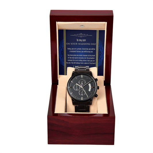 A Son Wedding-Be My Son - Metal Chronograph Watch is displayed in a wooden box with a message that reads, "To my son on your wedding day." The luxury timepiece features a white-faced dial and a sleek metal band.