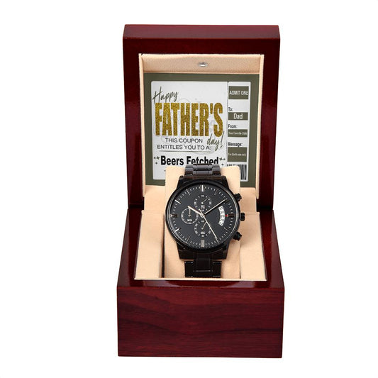 A To Dad, Beers Fetched - Metal Chronograph Watch with a sleek black strap is displayed in an open wooden box, accompanied by a "Happy Father's Day" coupon visible in the background.