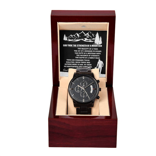 A black To Dad, Called It Dad - Metal chronograph wristwatch in an open wooden box with an inspirational quote printed inside the lid.