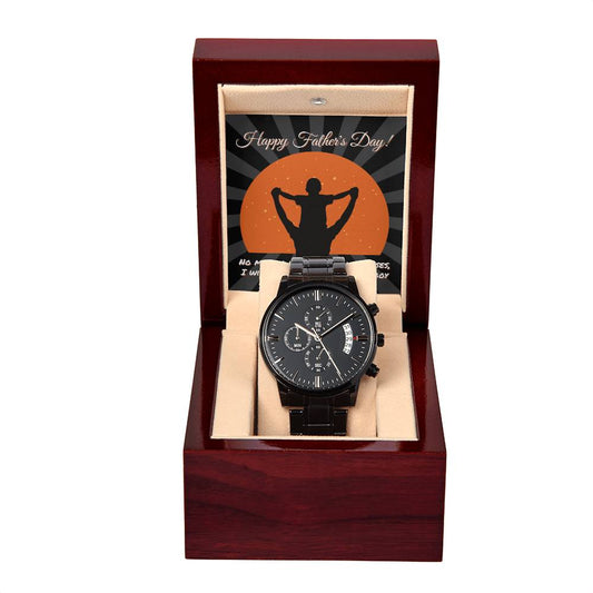 To Dad, Your Little Boy - Metal Chronograph Watch in a wooden box with a "happy father's day" card featuring a silhouette of a person lifting a child against a sunset.