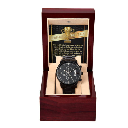 An elegant black To Dad, Doing Your Best - Metal Chronograph Watch in a wooden box with a "father of the year" certificate, featuring gold and black colors.