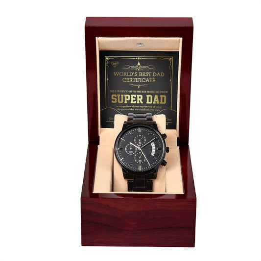 A black Metal Chronograph Watch in a wooden box displayed with a "To Dad, Super Dad" certificate in the lid.
