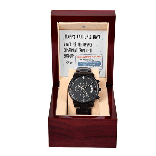 A "To Dad, Tech Support Voucher - Metal Chronograph Watch" in a wooden box with a "Happy Father's Day!" note from the Tech Department to the Finance Department.