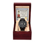 A To Dad, World's Best Daddy - Metal Chronograph Watch in a wooden box with a "certificate of appreciation" for "world's best daddy" in the lid.