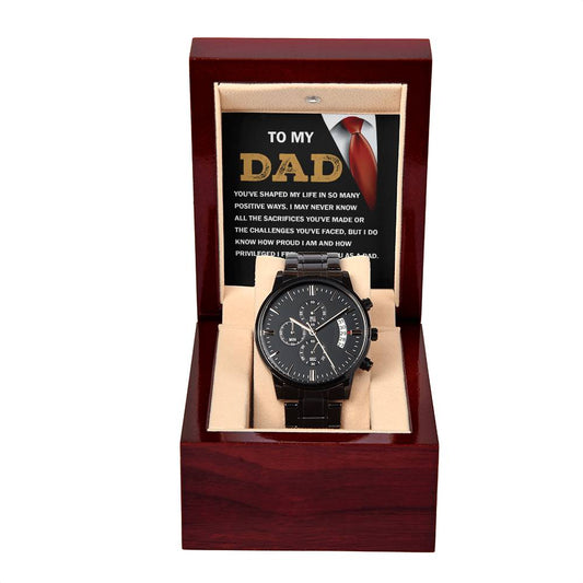 A To Dad, Shaped My Life - Metal Chronograph watch in a wooden box with a heartfelt message to a father on the inner lid.