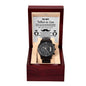 A To Father-in-Law, Thank You For - Metal Chronograph Watch in a wooden box with a heartfelt message for a father-in-law, expressing gratitude for raising a daughter and entrusting her to the giver, adorned with tuxedo graphics.