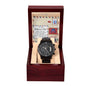 A To Girlfriend's Dad-Have Her Back - Metal Chronograph Watch with a stainless steel band is displayed inside a wooden box. The box's inside lid has a "Best Father's Day" message card, making it the perfect gift for any occasion.