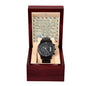 A black To Daddy, Walk Alongside Me - Metal Chronograph Watch is displayed in a wooden box with a message card. The card features a sentimental poem and is designed with an airplane and compass background.