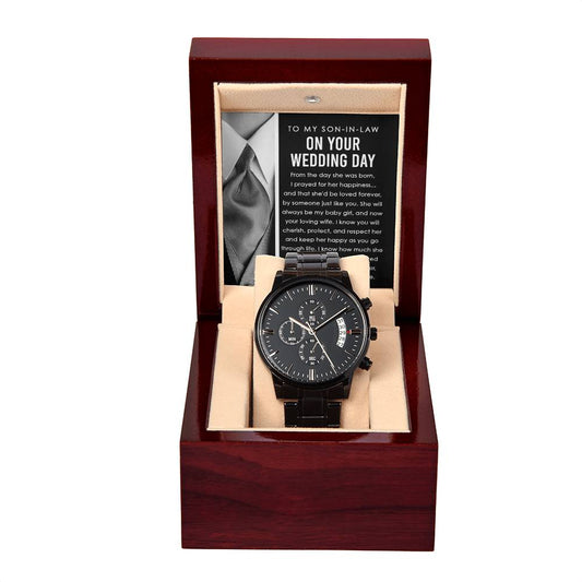 A To Son-in-Law, Hold Her Hand - Metal Chronograph Watch with a sleek black band and face is displayed in a wooden box with a heartfelt message that reads, "To my son-in-law on your wedding day.