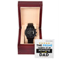 A "To Dad, The Prime Example - Metal Chronograph Watch" in a wooden box with a luxury copper dial and a message that reads, "The prime example of an amazing dad," accompanied by graphic star ratings.