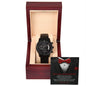 A To Best Man, Want The Job - Metal Chronograph Watch displayed in an open wooden box. The lid features instructions for the best man's duties on a tuxedo design background, enhancing the elegance of its stainless steel frame.