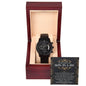 A "To Son-in-law, Her Forever Partner - Metal Chronograph Watch" is displayed in an open wooden box with a message inside the lid, addressed "To Our Son-In-Law.