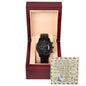 A black To Daddy, Walk Alongside Me - Metal Chronograph Watch is displayed in a wooden box with a message card. The card features a sentimental poem and is designed with an airplane and compass background.