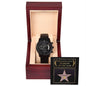 A "To Husband, Star of Fame - Metal Chronograph Watch" in black, presented in a red wooden box with a plaque behind it labeled "Hollywood Star of Fame - Husband of the Year.