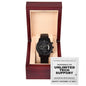 A black chronograph watch in an open wooden box with a luxury copper dial, accompanied by a label reading "To Dad, Tech Support - Metal Chronograph Watch" and "HAPPY FATHER'S DAY" at the bottom.