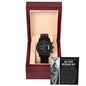A To Son-in-Law, Hold Her Hand - Metal Chronograph Watch with a sleek black band and face is displayed in a wooden box with a heartfelt message that reads, "To my son-in-law on your wedding day.