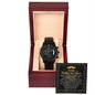 A *To Father-in-Law, Truly Blessed 2 - Metal Chronograph Watch* in a wooden box with a message labeled "To My Father-in-Law" displayed on the inner lid.