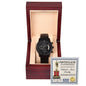 A black To Dad World's Best Daddy - Metal Chronograph watch displayed in an open wooden box with a "certificate of appreciation" titled "world's best daddy" in the lid.