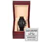 A "To Dad, Massive Hug - Metal Chronograph Watch" is displayed in an open wooden box with a "Dad Coupon" that entitles the bearer to a massive hug.