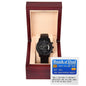 A To Dad, Bank Of Dad - Metal Chronograph Watch in an open wooden box. A card inside the box reads "Bank of Dad" and features humorous text about owing time and financial burden.