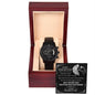 A **To My Husband, To-Be-Live A Day - Metal Chronograph Watch**, nestled in a wooden box with an engraved message on the inside lid, featuring a heartfelt note to a husband-to-be.