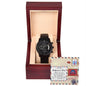 A To Girlfriend's Dad-Have Her Back - Metal Chronograph Watch with a stainless steel band is displayed inside a wooden box. The box's inside lid has a "Best Father's Day" message card, making it the perfect gift for any occasion.