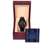 A Son Wedding-Be My Son - Metal Chronograph Watch is displayed in a wooden box with a message that reads, "To my son on your wedding day." The luxury timepiece features a white-faced dial and a sleek metal band.