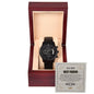 A black chronograph watch with a metallic band is displayed in an open red wooden box. Inside the lid of the box, a message titled "To My Best Man, All Your Support - Metal Chronograph Watch" features a heartfelt note.