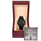 A sleek To Groomsman, Your Service - Metal Chronograph Watch is displayed in a wooden box with a message inside the lid that reads, "Your service as a groomsman is required. It's time to suit up!