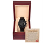A To My Groom, You And Me - Metal Chronograph Watch in a brown wooden box with a labeled card reading "To my Groom" and a heartfelt message.
