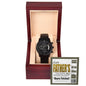 A To Dad, Beers Fetched - Metal Chronograph Watch with a sleek black strap is displayed in an open wooden box, accompanied by a "Happy Father's Day" coupon visible in the background.