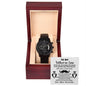 A To Father-in-Law, Thank You For - Metal Chronograph Watch in a wooden box with a heartfelt message for a father-in-law, expressing gratitude for raising a daughter and entrusting her to the giver, adorned with tuxedo graphics.