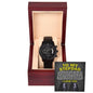 A wristwatch in a wooden box with a message that reads, "To My Stepdad: You didn't give me the gift of life, but life gave me the gift of you." This To Stepdad, Nothing But Love - Metal Chronograph Watch is a perfect blend of elegance and sentiment.