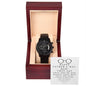 A "To Dad, Hard To Read - Metal Chronograph Watch" with a black face and metal strap is displayed inside a wooden box. The box lid features a message reading "Happy Father's Day, Dad" along with a quote.