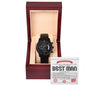 A "To Best Man, Official Certificate - Metal Chronograph Watch" in black, elegantly presented in an open wooden box with a "Best Man" certificate affixed inside the lid.