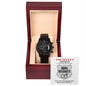 A luxury "Ring Security, Top Secret Mission - Metal Chronograph Watch" in an open wooden box with an invitation behind it labeled "Top Secret Mission," requesting ring security with wedding rings illustration.