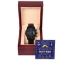 A "To Best Man, World's Greatest - Metal Chronograph Watch" featuring a luxury copper dial was displayed in an open wooden box, with a "Best Man" certificate in the background for an elegant touch.