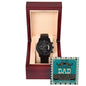 A stylish black chronograph watch, featuring a copper dial, sits elegantly in a wooden box with a sign that reads, "To Boyfriend's Dad, Father Like You - Metal Chronograph Watch.