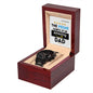 A "To Dad, The Prime Example - Metal Chronograph Watch" in a wooden box with a luxury copper dial and a message that reads, "The prime example of an amazing dad," accompanied by graphic star ratings.