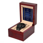A Son Wedding-Be My Son - Metal Chronograph Watch is displayed in a wooden box with a message that reads, "To my son on your wedding day." The luxury timepiece features a white-faced dial and a sleek metal band.