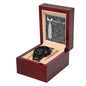 A "To Father-In-Law, Truly Blessed - Metal Chronograph Watch" inside a wooden box with a message card for a father-in-law in the background. The card features a tie design and expresses appreciation. The stainless steel watch has multiple dials, completing an elegant gift presentation.