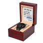 A "To Dad, Tech Support Voucher - Metal Chronograph Watch" in a wooden box with a "Happy Father's Day!" note from the Tech Department to the Finance Department.