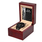 A To Son-in-Law, Hold Her Hand - Metal Chronograph Watch with a sleek black band and face is displayed in a wooden box with a heartfelt message that reads, "To my son-in-law on your wedding day.