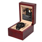 A luxury To Husband, For Each Other - Metal Chronograph Watch in an open wooden display box with a card reading "Best Husband and Father in the World," featuring an image of a bow tie and roses.
