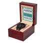 The "To Groomsman, Hit The Jackpot - Metal Chronograph Watch" is elegantly presented in a wooden box with a card inside, reading, "I hit the jackpot having you as my groomsman. Thanks, man." This luxury timepiece boasts a black chronograph design with a stainless steel case and an air of sophistication.