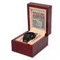 A "To Husband, Nutrition Facts - Metal Chronograph Watch" in a wooden box labeled "World's Best Husband," featuring a luxury copper dial, with a "Nutrition Facts" styled note listing attributes like attractive, dependable, and thoughtful.