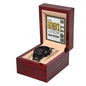 A To Dad, Beers Fetched - Metal Chronograph Watch with a sleek black strap is displayed in an open wooden box, accompanied by a "Happy Father's Day" coupon visible in the background.